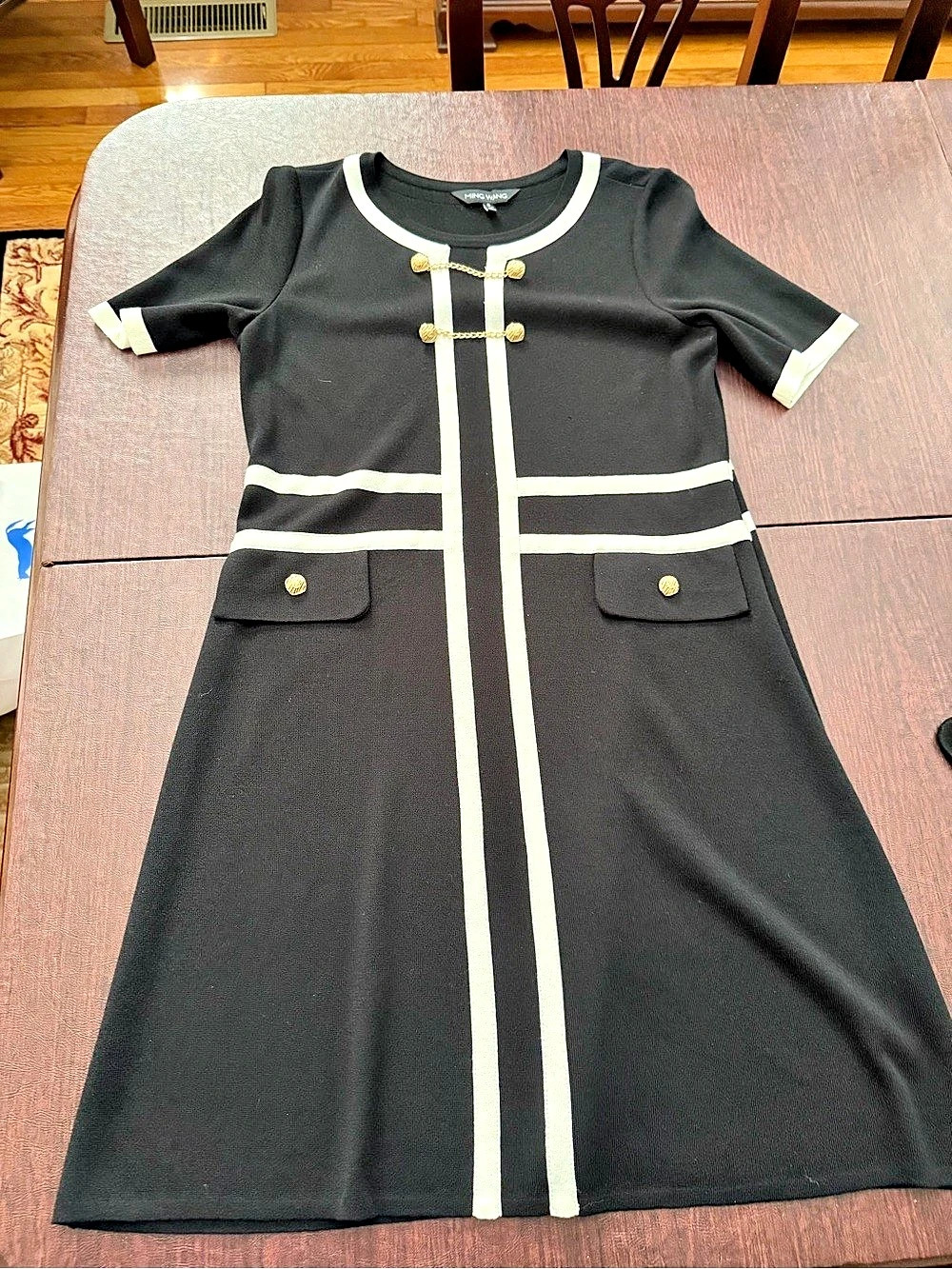 Ming Wang Button Detail Contrast Trim Soft Knit Dress Black & White Small